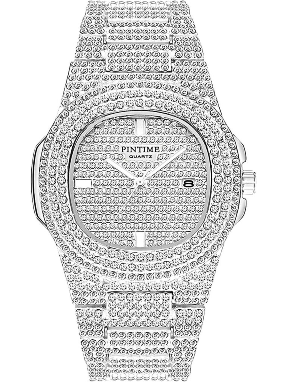 Unisex Silver Crystal Diamond Stainless Steel Bracelet Band Quartz Wrist Watch